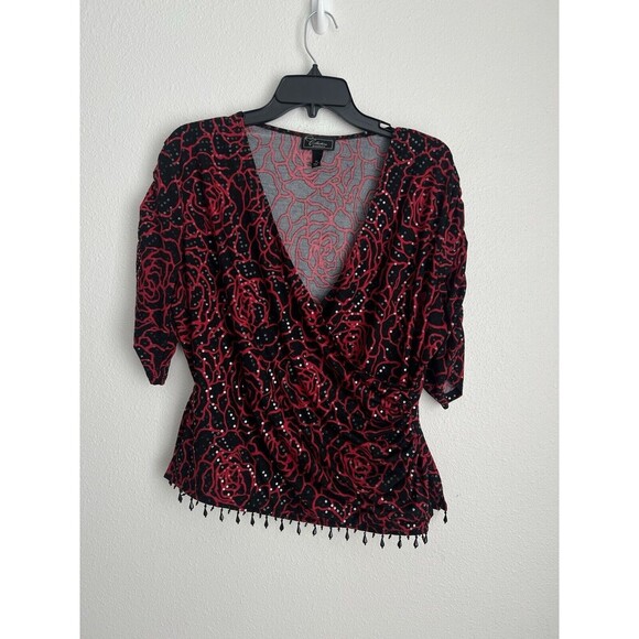 Red Black Rose Top XL Beaded Hem Sequin V-Neck Vampire Grunge Whimsigoth Goth - Picture 1 of 8
